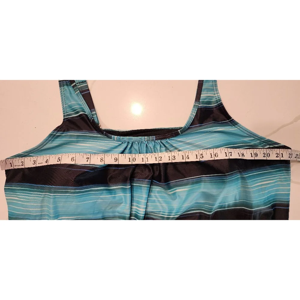 Yonique Women's Teal Blue Ombre Striped Tankini Top Ruched Loose Fit 24W